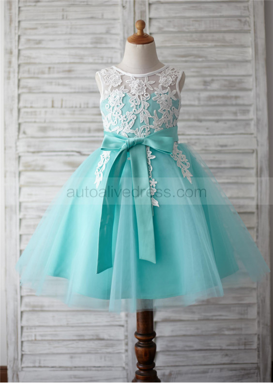Turquoise Tulle Ivory Lace V Back Knee Length Flower Girl Dress  Turquoise Tulle Ivory Lace V Back Knee Length Flower Girl Dress